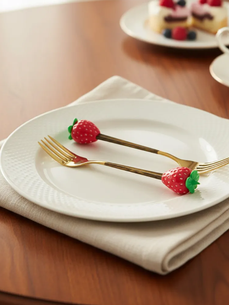 Set Tenedores De Postre Diseño Frutilla Dorados 16cm 2