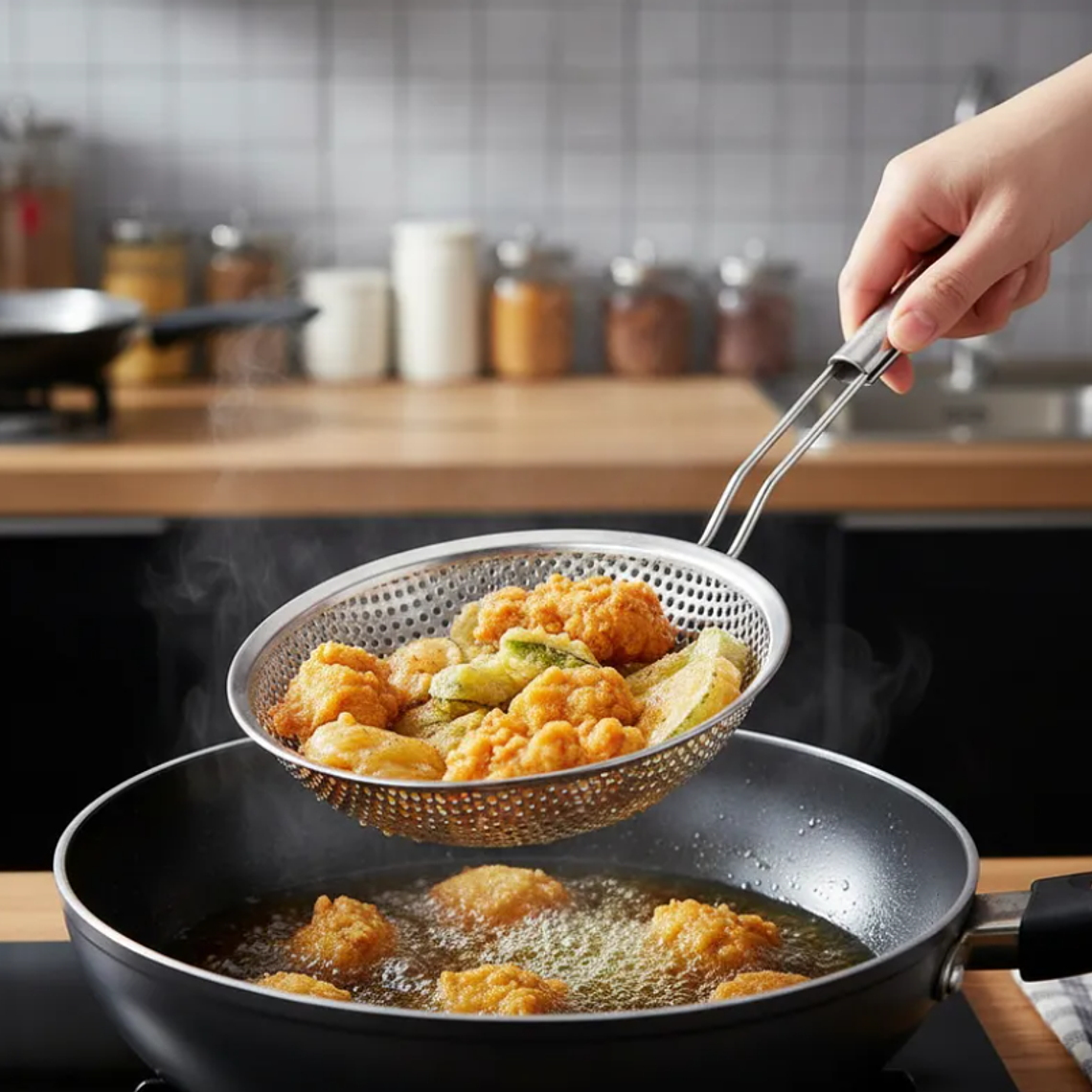 Colador Espumadera Acero Inoxidable Mango Madera 16cm Cocina 1