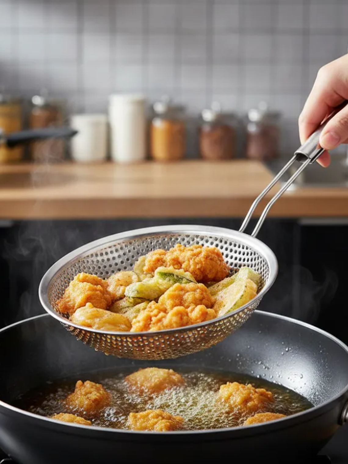 Colador Espumadera Acero Inoxidable Mango Madera 16cm Cocina 1