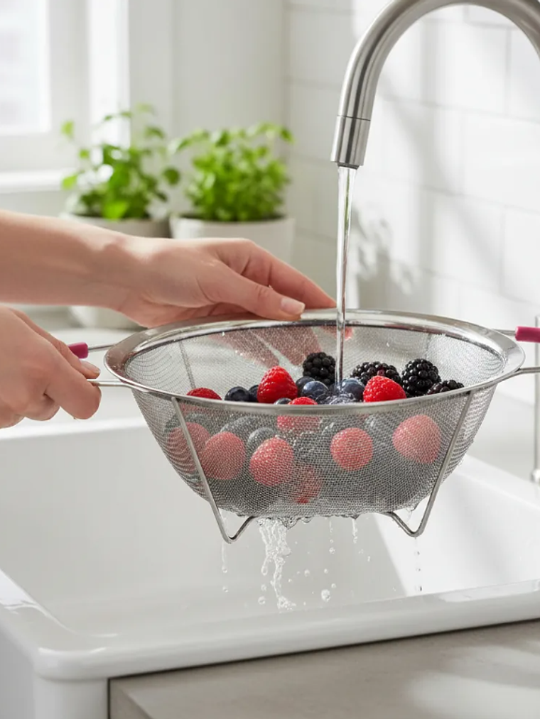 Colador de Acero Inoxidable con Base y Asas Rosadas 23cm 3