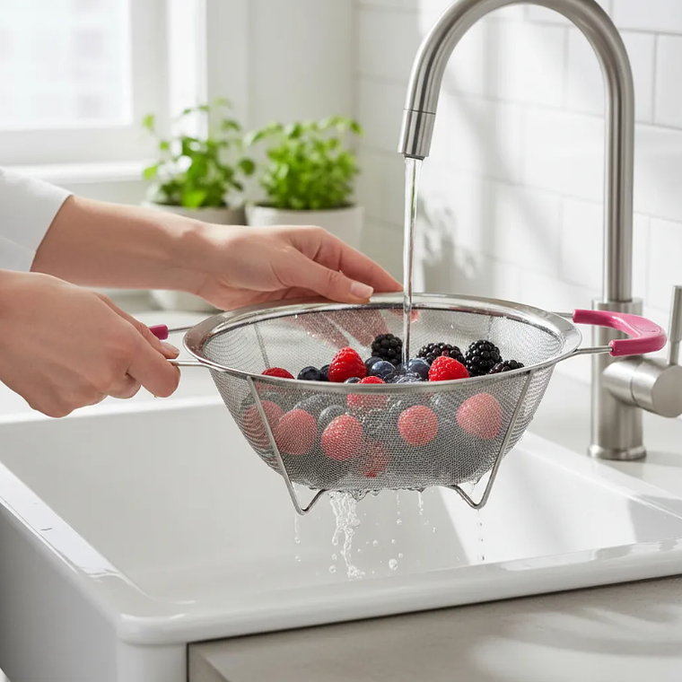 Colador de Acero Inoxidable con Base y Asas Rosadas 23cm 3