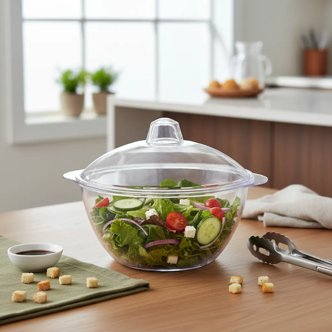 Ensaladera Bowl Acrílico Transparente Con Tapa 1