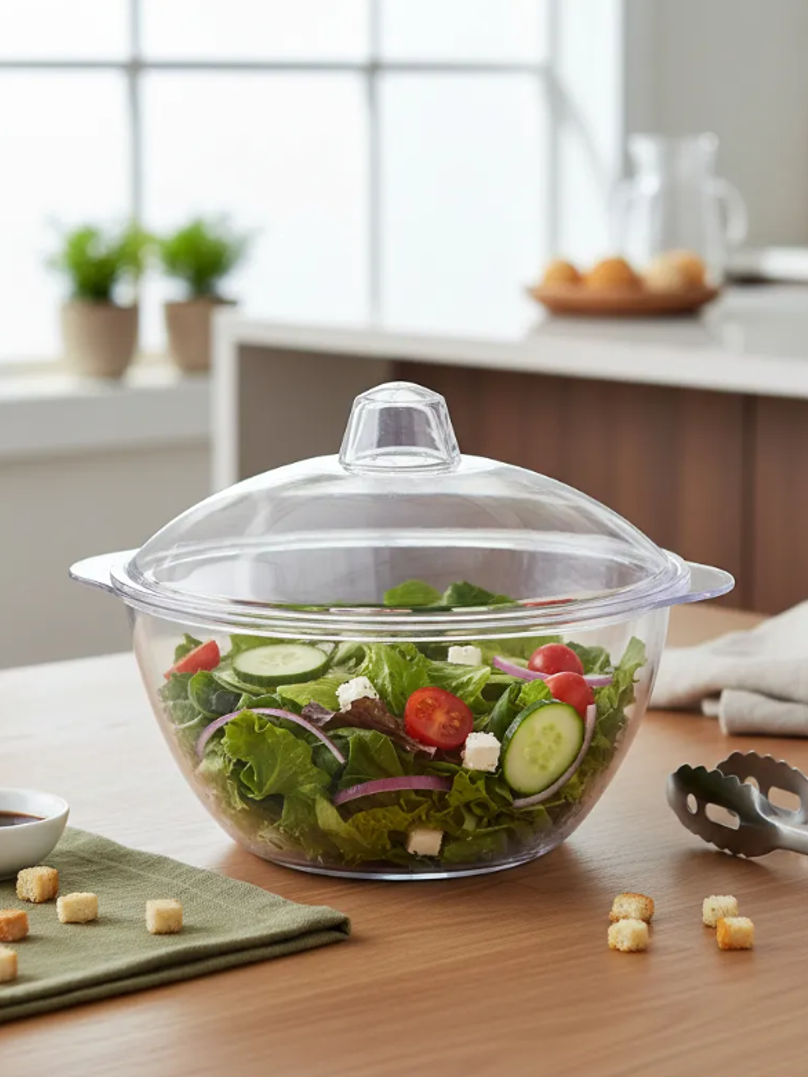 Ensaladera Bowl Acrílico Transparente Con Tapa 1