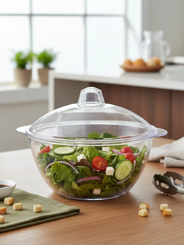 Ensaladera Bowl Acrílico Transparente Con Tapa 1