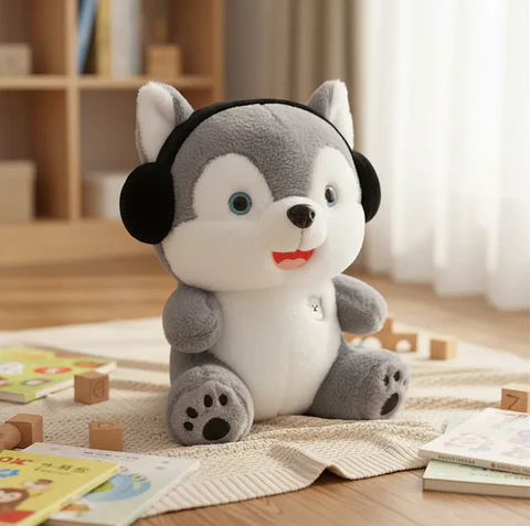 Peluche Perro Husky Con Audífonos 21cm Juguete Suave Regalo