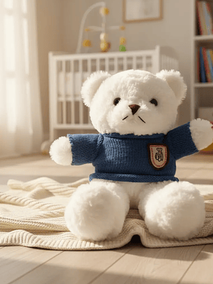 Oso De Peluche Blanco Con Chaleco Azul Tejido 23 Cm 