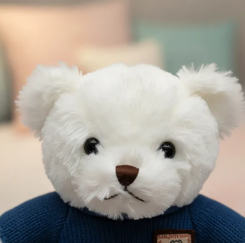 Oso De Peluche Blanco Con Chaleco Azul Tejido 23 Cm 