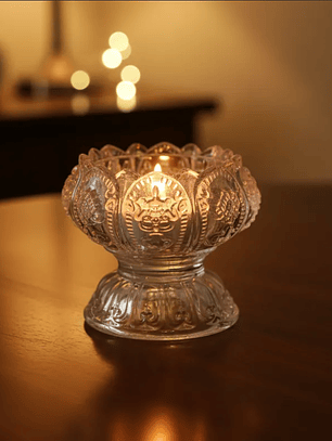 Portavelas de cristal tallado diseño flor de loto