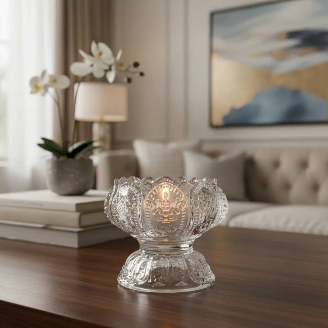 Portavelas de cristal tallado diseño flor de loto 1