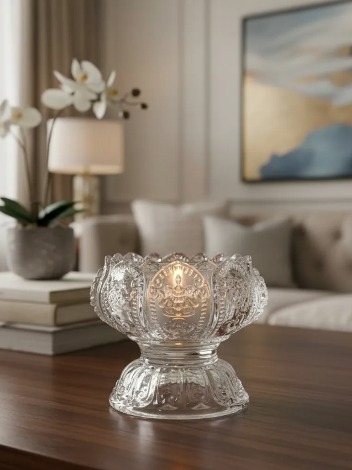 Portavelas de cristal tallado diseño flor de loto 1