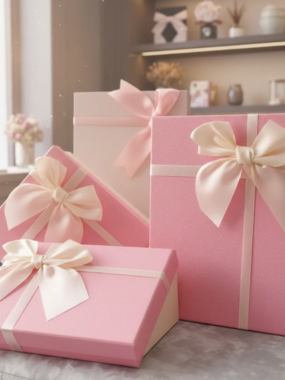 Set Caja de regalo rosada con lazo elegante varios tamaños 1