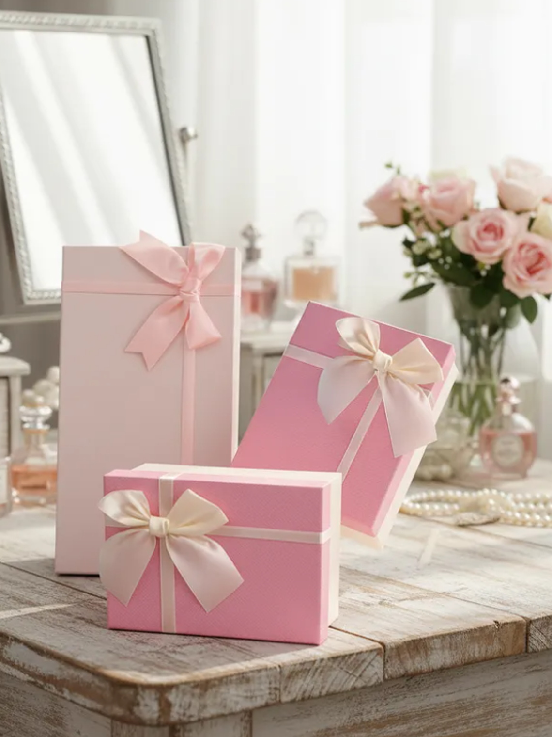 Set Caja de regalo rosada con lazo elegante varios tamaños 3