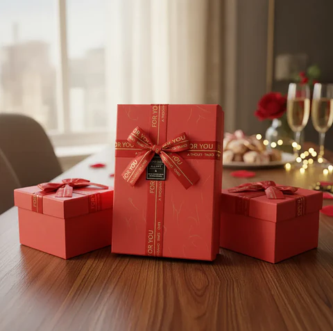 Set Caja de regalo roja rectangular con cinta decorativa