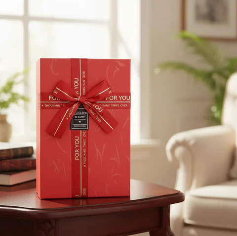 Set Caja de regalo roja rectangular con cinta decorativa