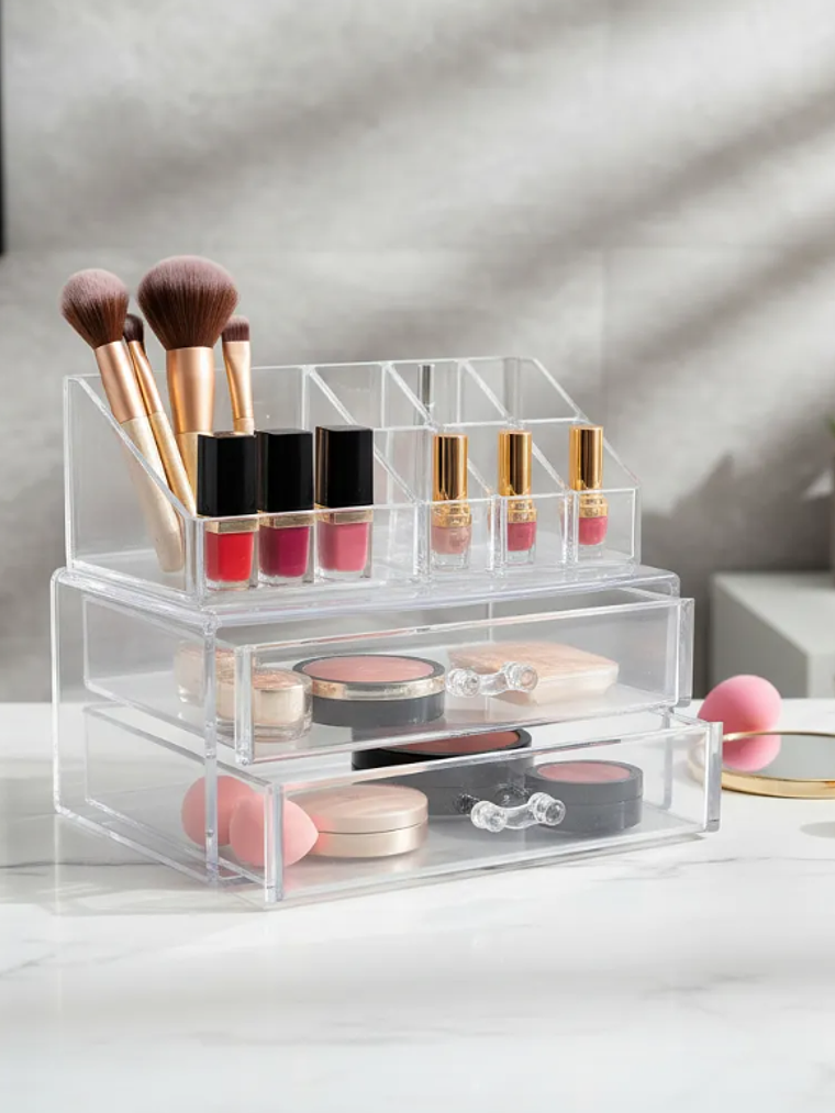 Organizador De Maquillaje Acrílico Transparente Con 2 Cajones 1