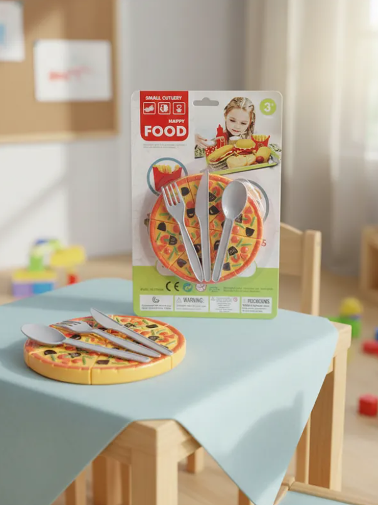 Set Juguete Pizza Plástica Para Cortar Con Cubiertos 2