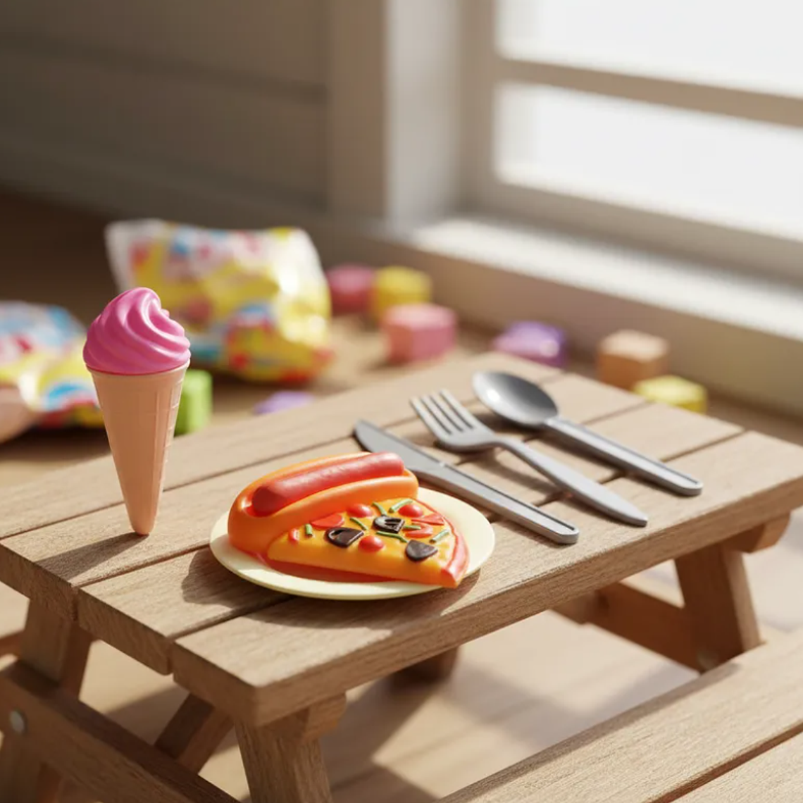 Set De Comida Juguete Para Muñecas Pizza Helado Y Cubiertos 3