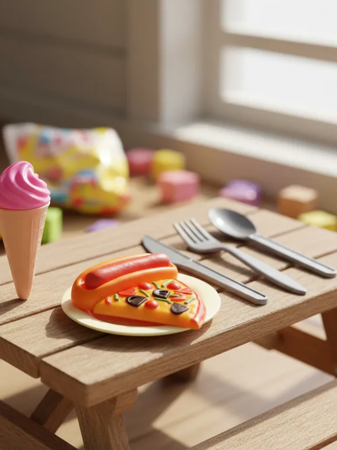 Set De Comida Juguete Para Muñecas Pizza Helado Y Cubiertos 3