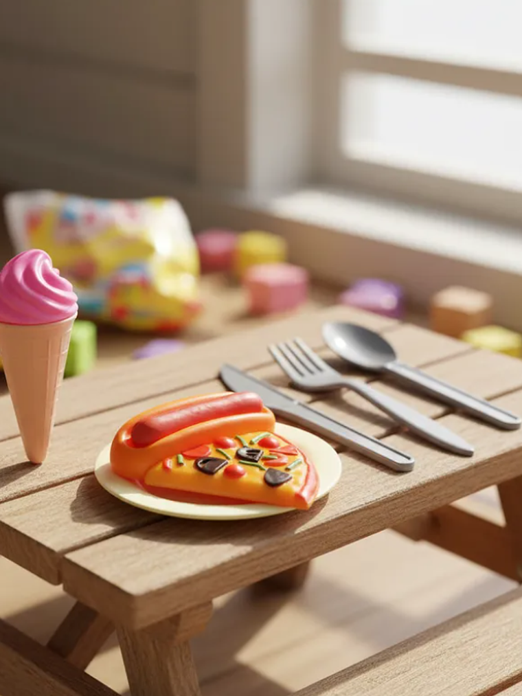 Set De Comida Juguete Para Muñecas Pizza Helado Y Cubiertos 3