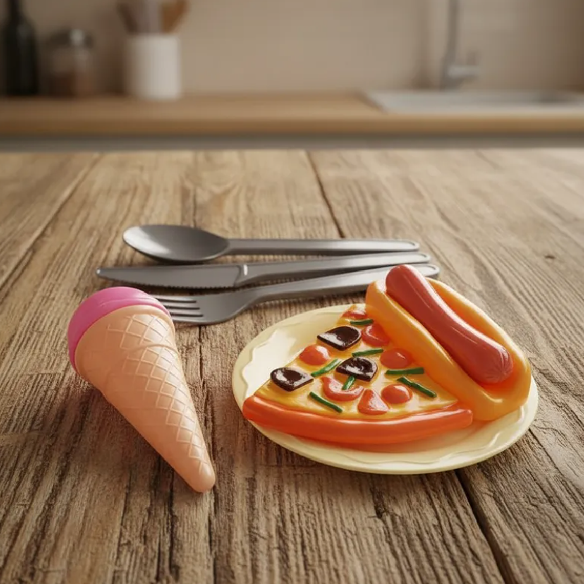 Set De Comida Juguete Para Muñecas Pizza Helado Y Cubiertos 4