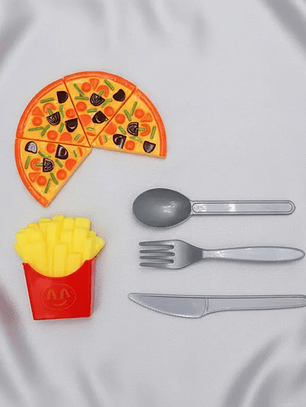 Set De Comida Juguete Pizza Papas Fritas Cubiertos Para Niños