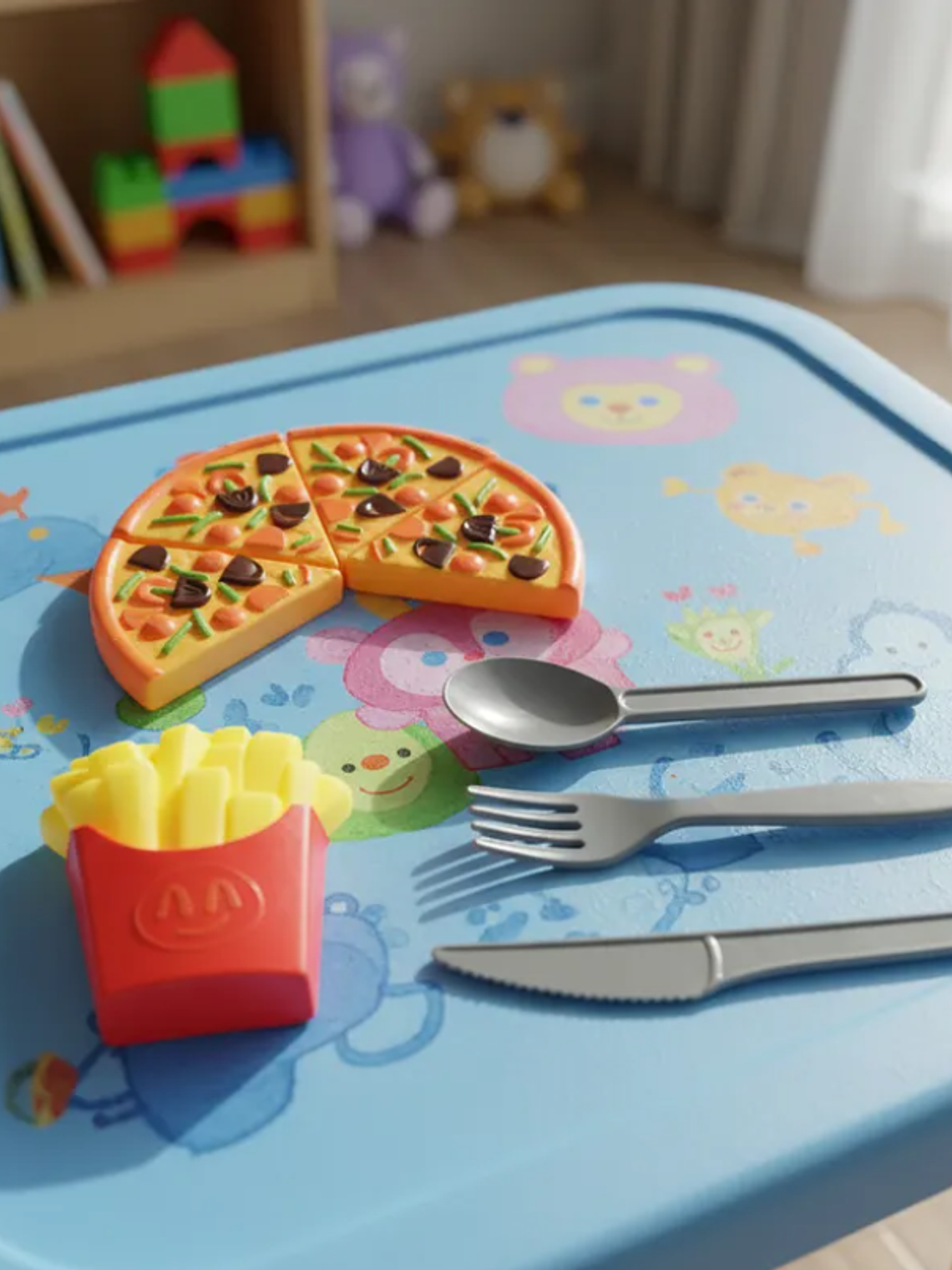 Set De Comida Juguete Pizza Papas Fritas Cubiertos Para Niños 3
