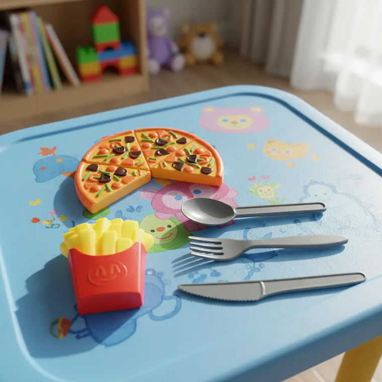 Set De Comida Juguete Pizza Papas Fritas Cubiertos Para Niños 3