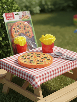 Set De Comida Juguete Pizza Papas Fritas Cubiertos Para Niños