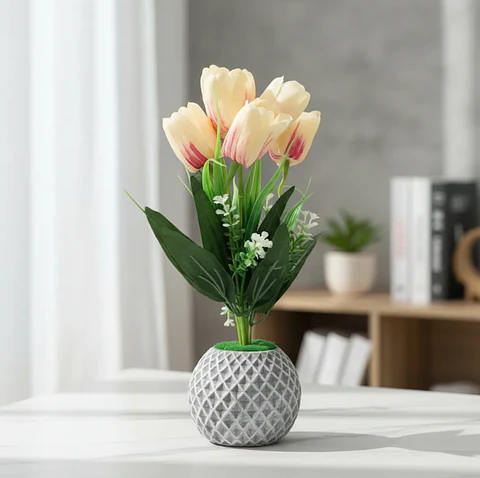 Flores Tulipanes Artificiales Con Macetero Decorativo 26cm