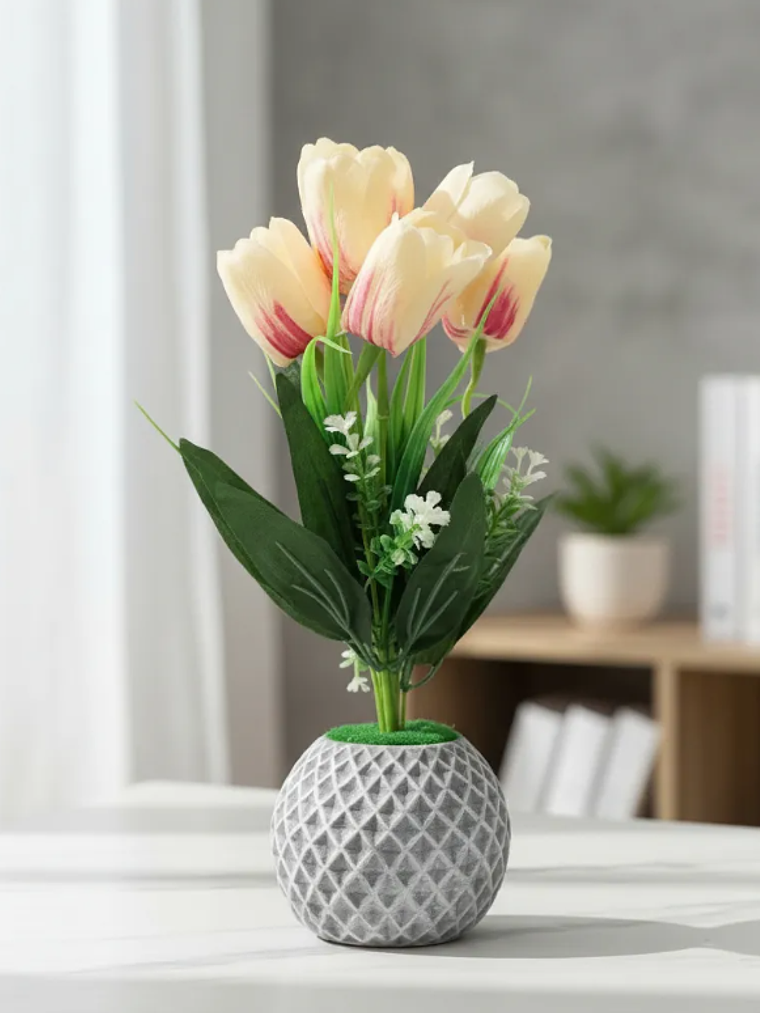 Flores Tulipanes Artificiales Con Macetero Decorativo 26cm 1