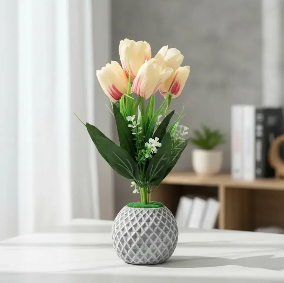 Flores Tulipanes Artificiales Con Macetero Decorativo 26cm 1
