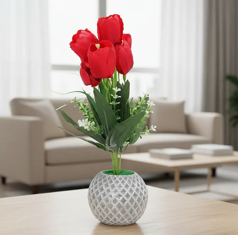 Flores Tulipanes Artificiales Con Macetero Decorativo 26cm