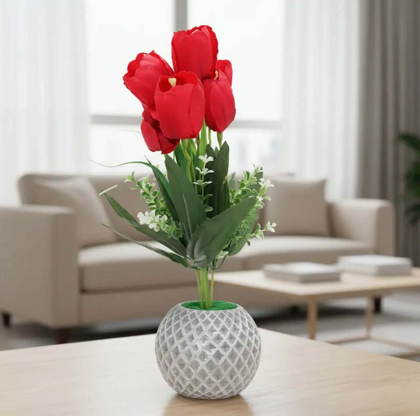 Flores Tulipanes Artificiales Con Macetero Decorativo 26cm 2