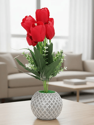 Flores Tulipanes Artificiales Con Macetero Decorativo 26cm