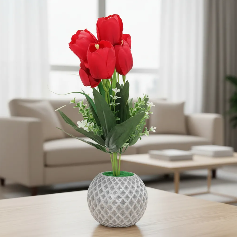 Flores Tulipanes Artificiales Con Macetero Decorativo 26cm 2