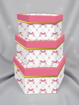 Set 3 Cajas De Regalo Hexagonales Rosadas Con Diseño De Lazo