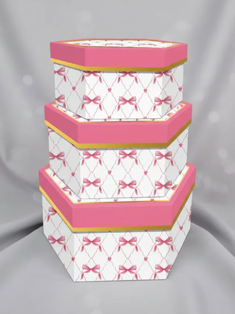 Set 3 Cajas De Regalo Hexagonales Rosadas Con Diseño De Lazo 2