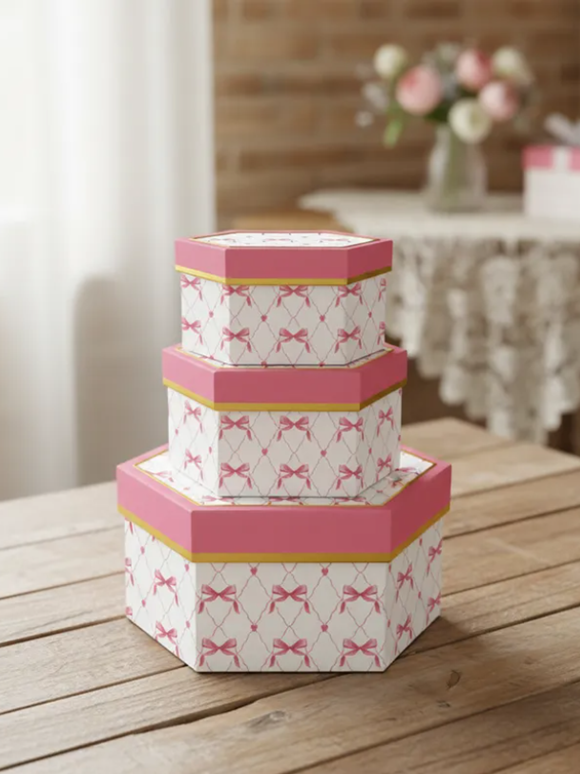 Set 3 Cajas De Regalo Hexagonales Rosadas Con Diseño De Lazo 5