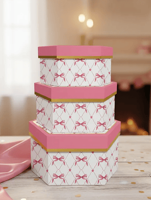 Set 3 Cajas De Regalo Hexagonales Rosadas Con Diseño De Lazo
