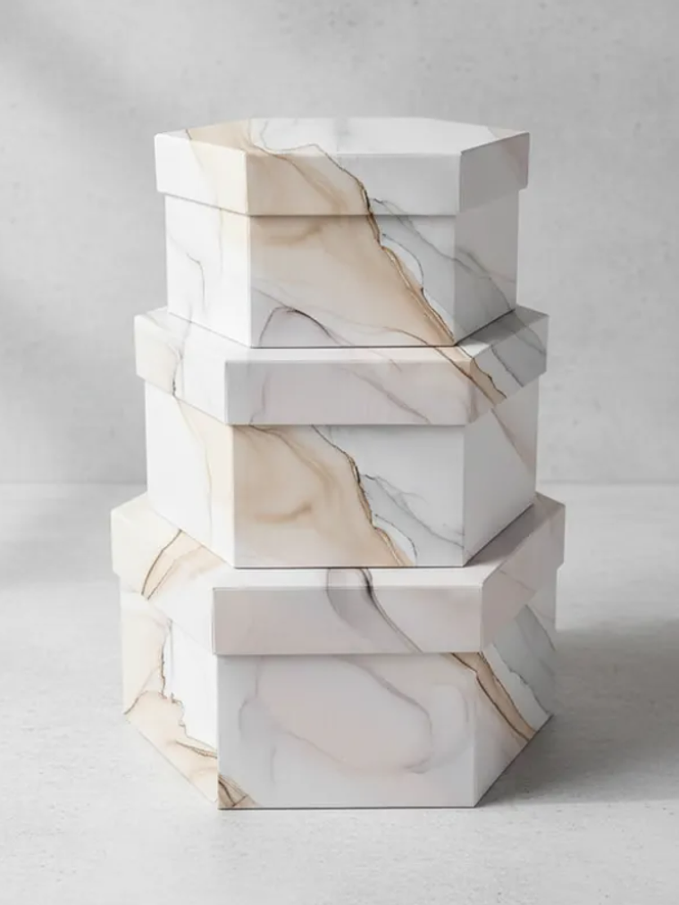 Set 3 Cajas De Regalo Hexagonales Diseño Mármol Decorativas 4