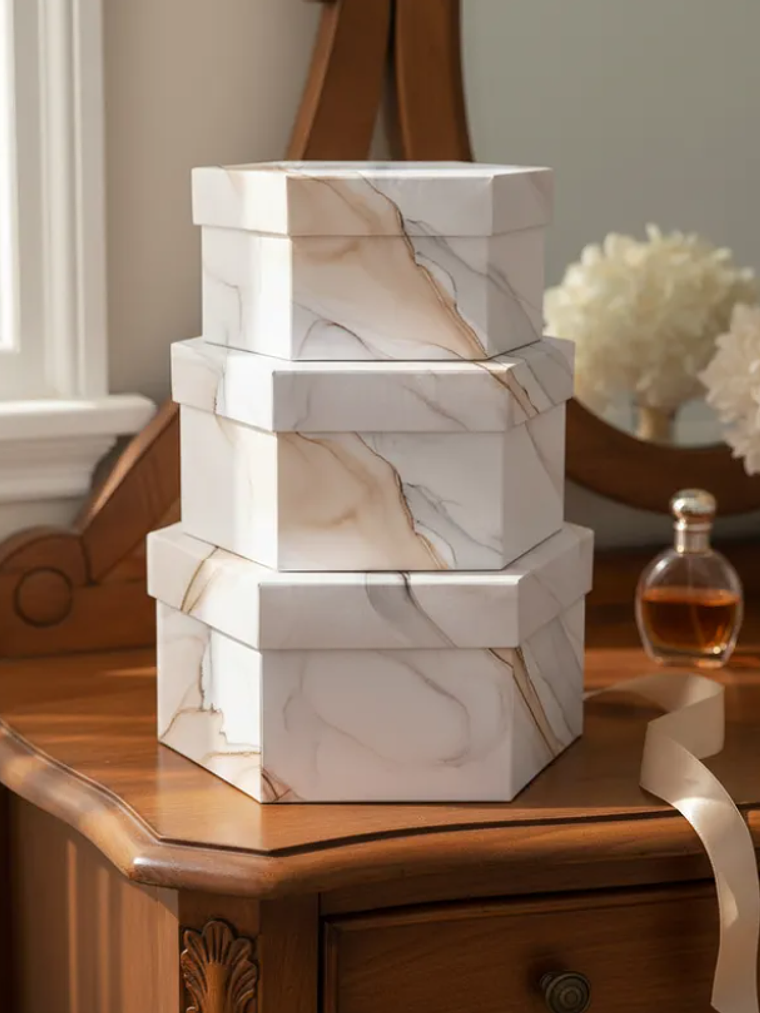 Set 3 Cajas De Regalo Hexagonales Diseño Mármol Decorativas 1