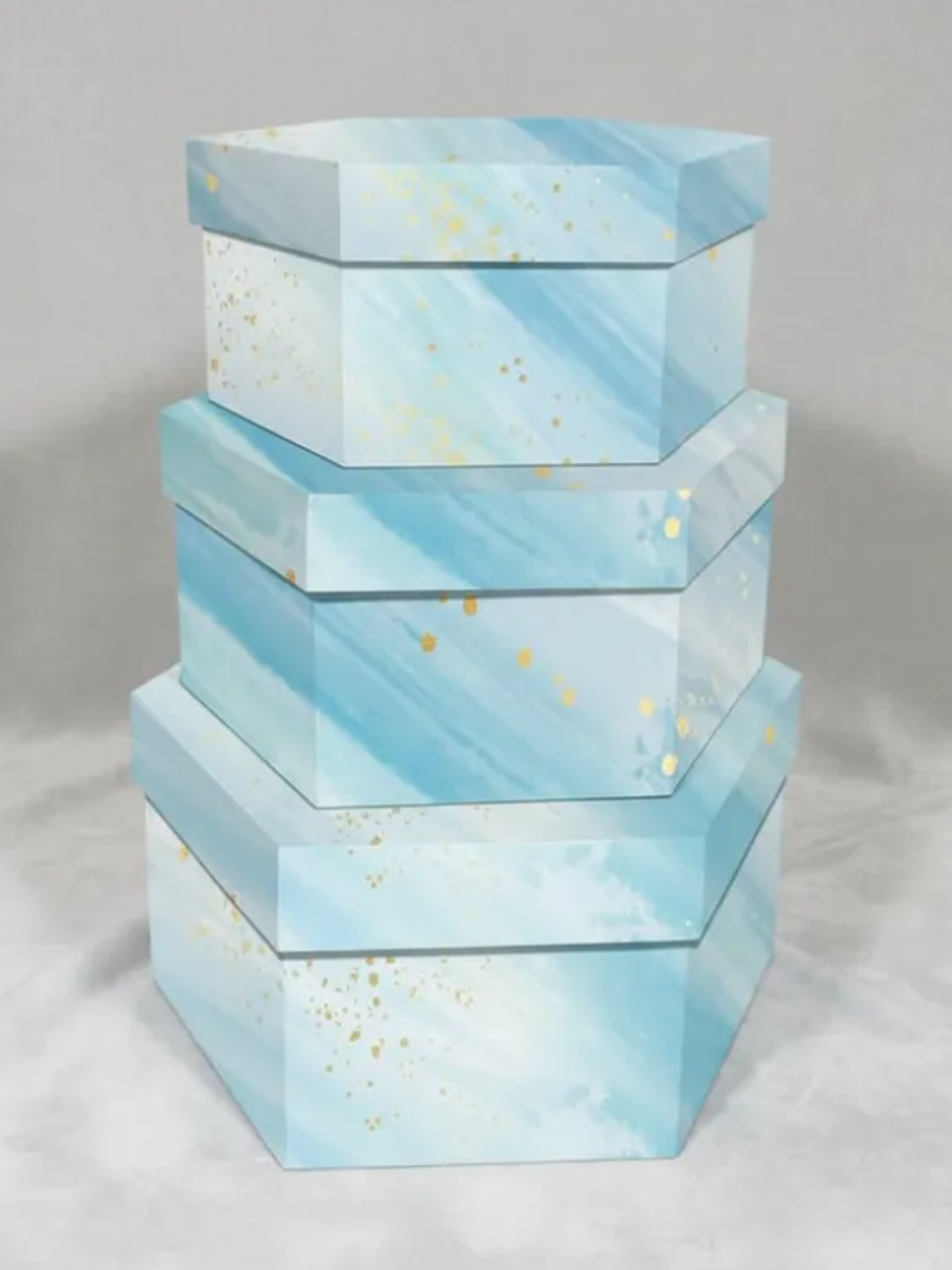 Set 3 Cajas De Regalo Hexagonales Rígidas Diseño Mármol Azul 3