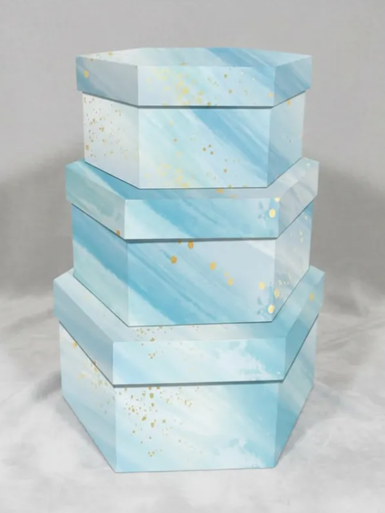 Set 3 Cajas De Regalo Hexagonales Rígidas Diseño Mármol Azul 3