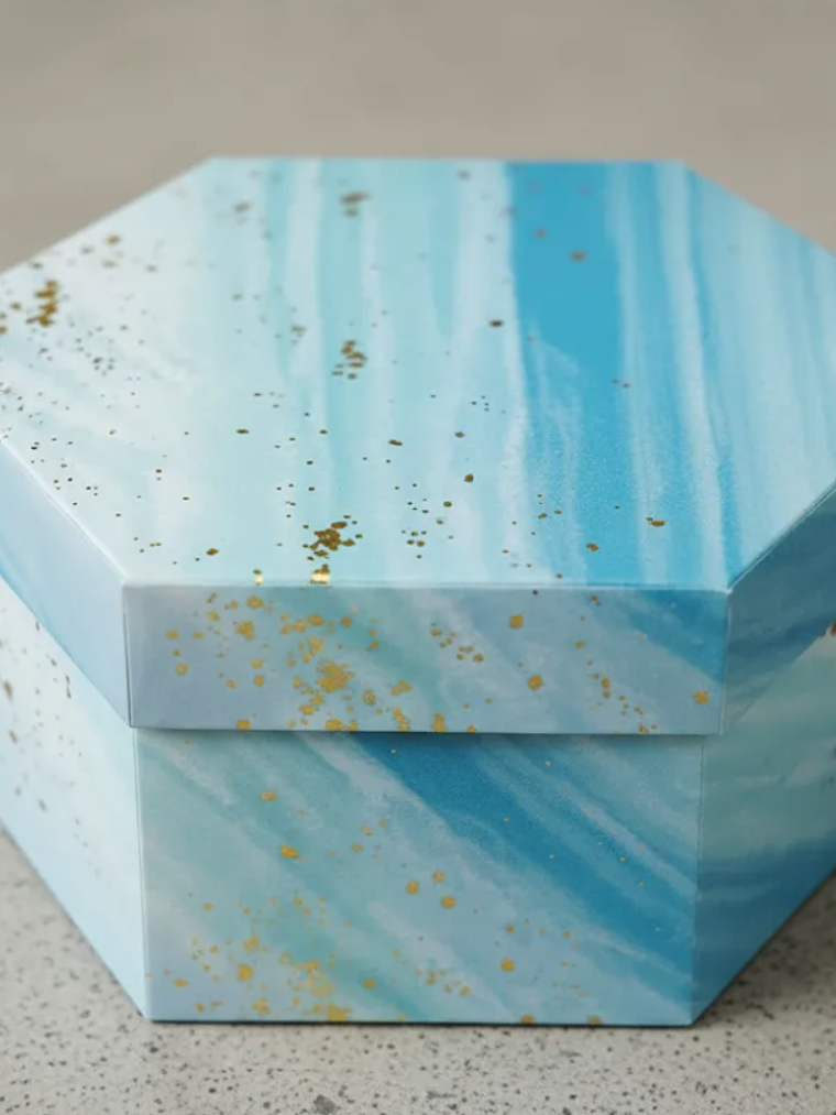 Set 3 Cajas De Regalo Hexagonales Rígidas Diseño Mármol Azul 2