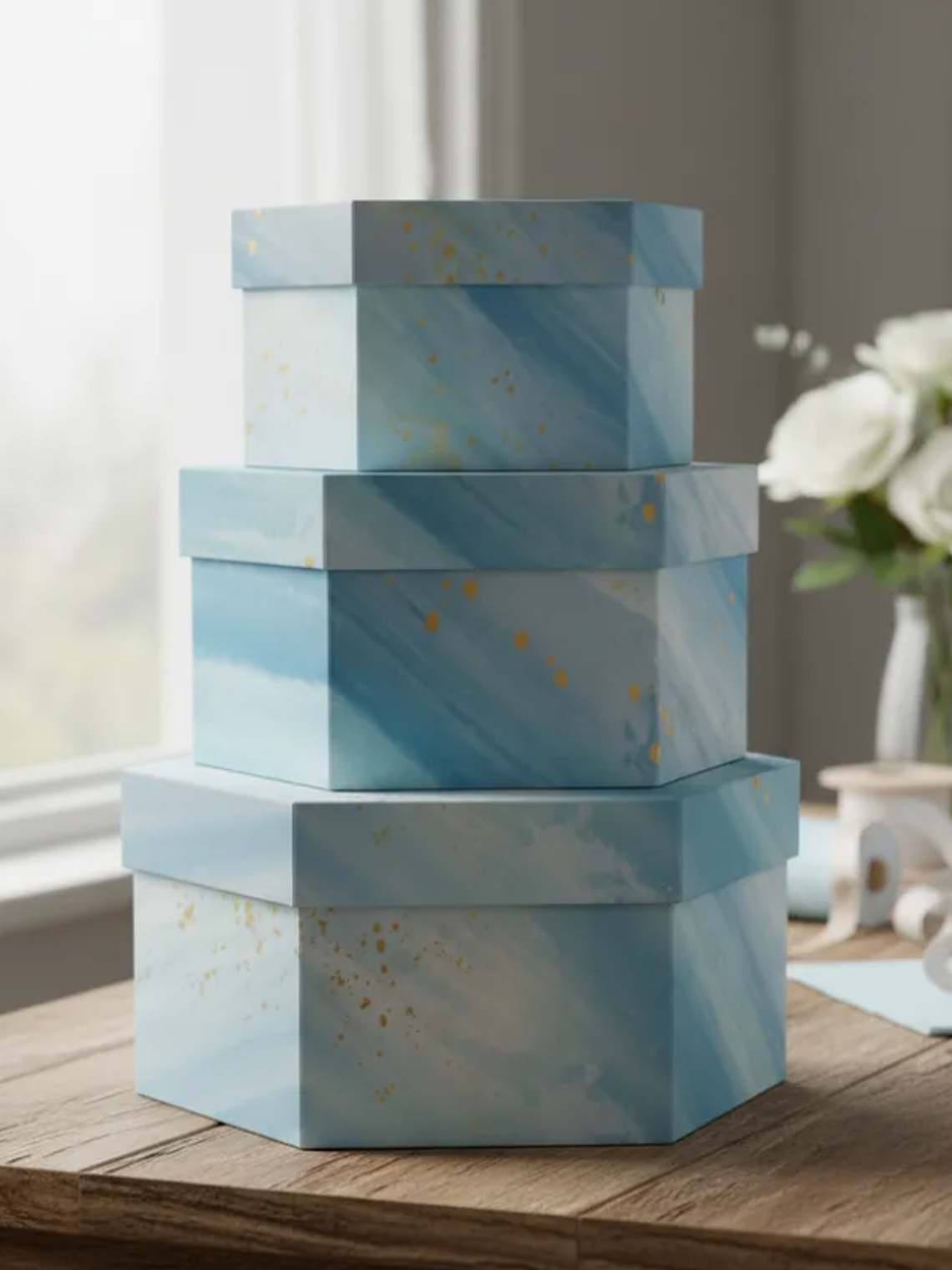 Set 3 Cajas De Regalo Hexagonales Rígidas Diseño Mármol Azul 1