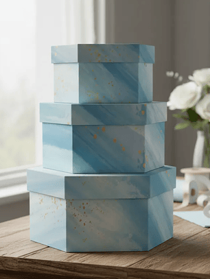 Set 3 Cajas De Regalo Hexagonales Rígidas Diseño Mármol Azul