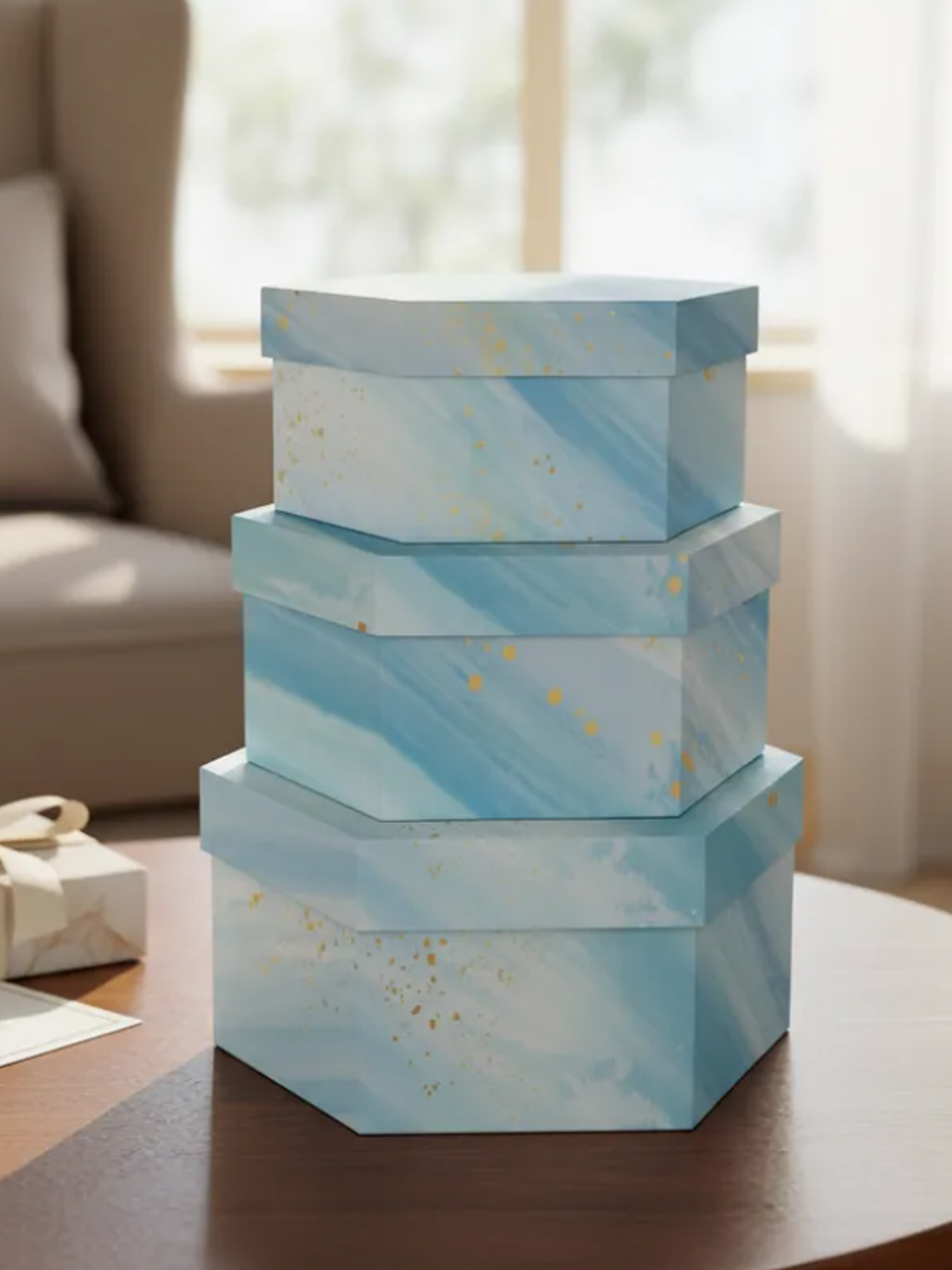 Set 3 Cajas De Regalo Hexagonales Rígidas Diseño Mármol Azul 5