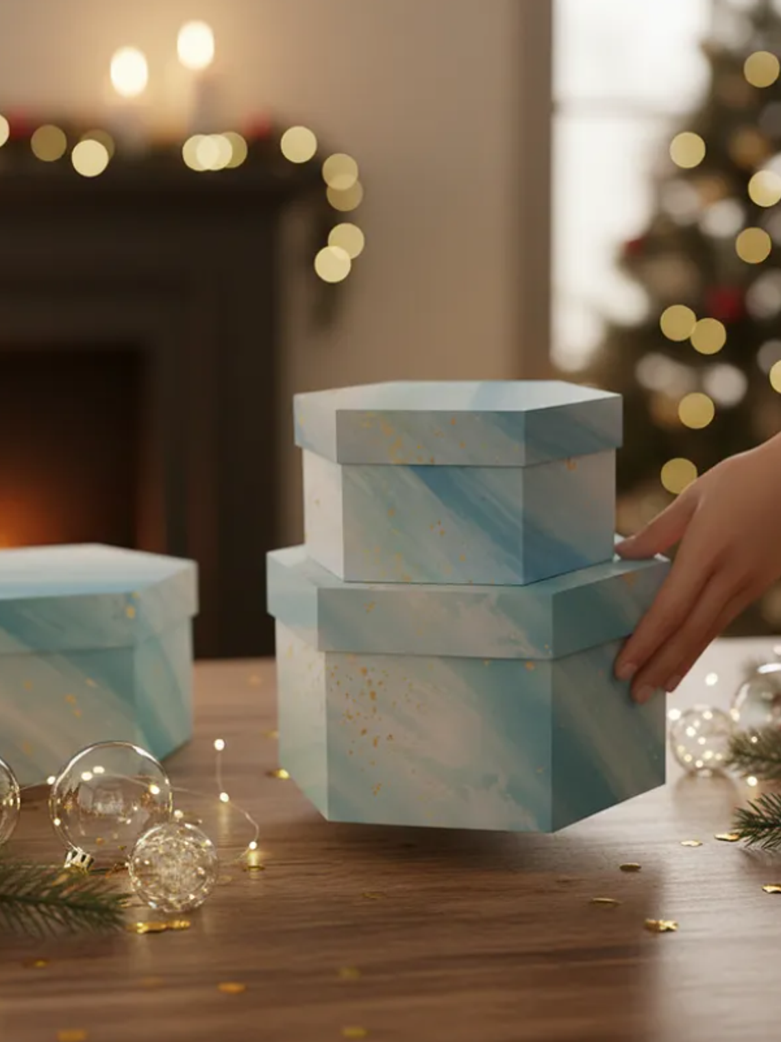 Set 3 Cajas De Regalo Hexagonales Rígidas Diseño Mármol Azul 6