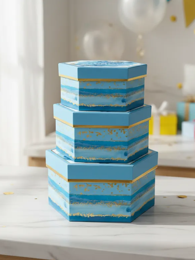 Set 3 Cajas Hexagonales Regalo Cumpleaños Azul 1