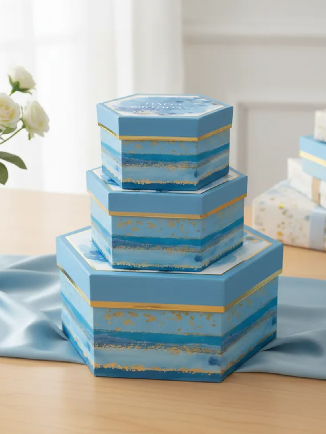 Set 3 Cajas Hexagonales Regalo Cumpleaños Azul 4